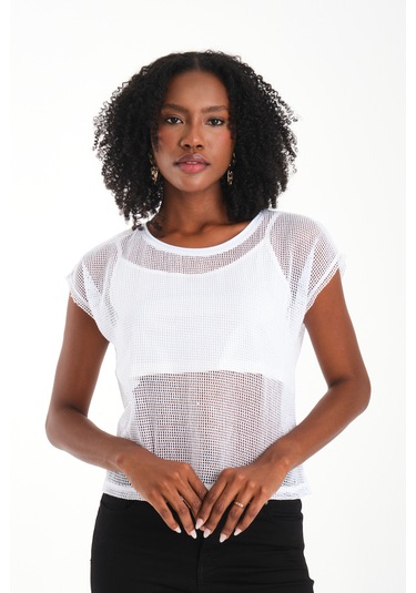 Uzun Kol Kare File Bluz Beyaz