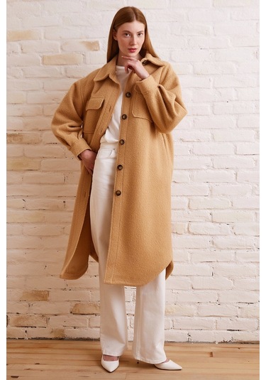 Never More Uzun Bürümcük Kaban Bej