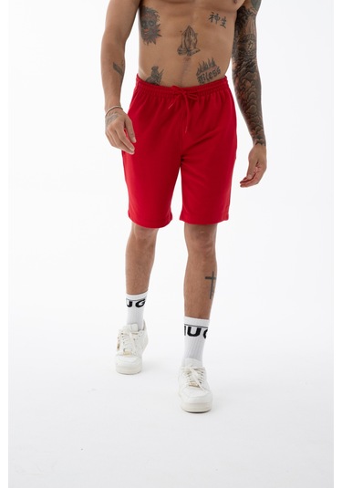 Erkek Kırmızı Yüksek Kalite Relax-fit Rahat Kesim %100 Pamuk Bağcıklı Siyah Düz Basic Şort Kırmızı