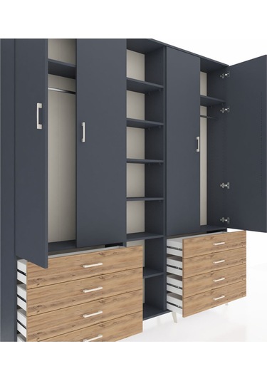 Arges Dolap 10 Raflı 8 Çekmeceli 2 Askılı 220x30x243 Antrasit-antrasit/çam Antrasıt/atlas Çam