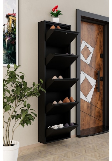 Kilitli 5 Kapaklı Metal Ayakkabılık Siyah Siyah