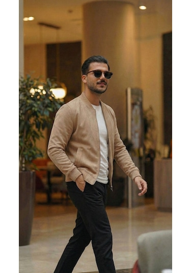 Efnaz Style Erkek Scuba Süet Kumaş Bomber Hırka Taba