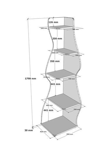 Wave 5 Raflı Dekoratif Kitaplık Dosya Rafı 180 Cm Kitaplık Çam