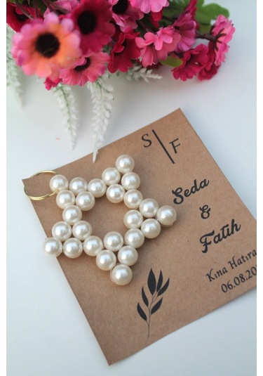 40 Adet Bohem Kartlı İnci Yıldız Anahtarlık - Nişan Hediyesi - Kı