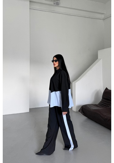 Polyviskon - Poplin Parçalı Gömlek Pantolon Takım - Siyah Siyah