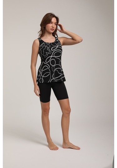 Chelly Kadın Desenli Askılı Taytlı Tankini S 5700 Siyah Siyah