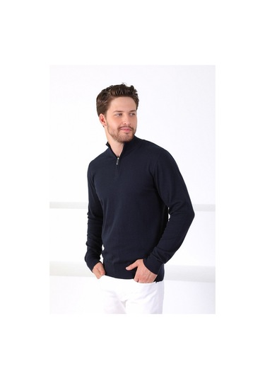 Ferraro Lacivert Dik Yaka Düz Renk Pamuk Erkek Kazak Lacivert