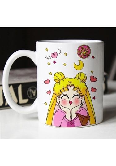 Japanese Anime Sailor Moon Tasarım Baskılı Seramik Çay Kahve Kupası Beyaz