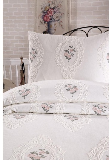 Gardenlove Nakışlı Şönil 2 Parça Tek Kişilik Yatak Örtüsü Krem Krem