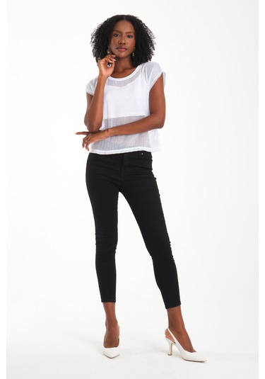 Uzun Kol Kare File Bluz Beyaz