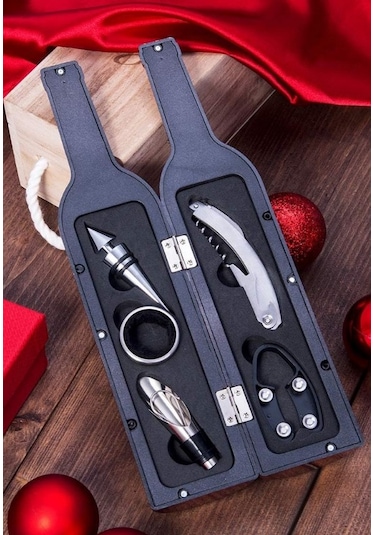5 Parça Çelik Şişe Açacağı Seti Dekoratif Kılıf İle Şık Hediye Seti , Wine Opener Gift Set Siyah