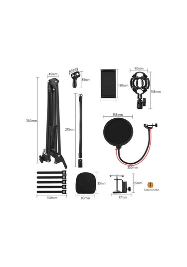 Padalink Siyah Çok Fonksiyonlu Masaüstü Mikrofon Stant Seti - Katlanabilir Tutucu, Darbe Emici, Pop Filtresi Ve Ek Aksesuarlar İle Canlı Yayın, Öğretim, Mikrofon Kullanımları İçin Uygun