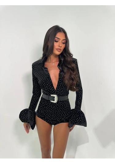 Kessia Taşlı Kemerli Tulum Siyah