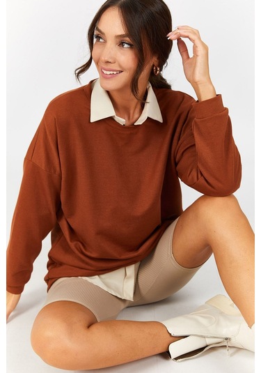 Armonika Kadın Camel Yuvarlak Yaka Oversize Sweatshirt Arm-22k024027