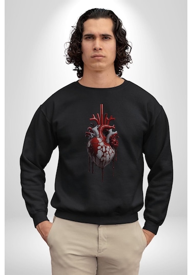 Kırmızı Beyaz Kalp Toplar Damar Unisex Siyah Baskılı Sweatshirt Siyah