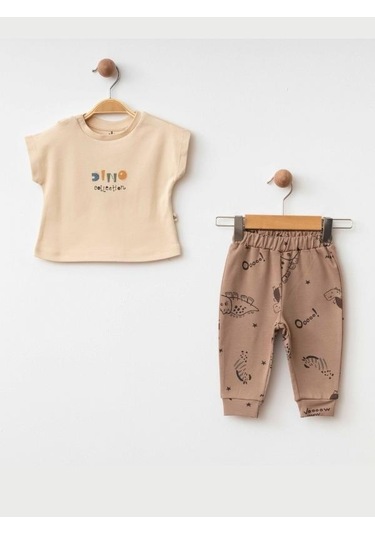 Erkek Bebek Kapüşonlu Dinazor Baskılı 3lü Eşofman Takım-15469 Kahverengi