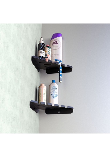 Metal Banyo Köşe Rafı İkili Çift Katlı Modern Duş Köşeliği Siyah Vidalı Siyah