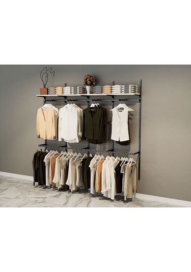 Modern Giyinme Odası Rafı & Dekoratif Duvar Tipi Askılı Raf Sistemi Siyah - Beyaz