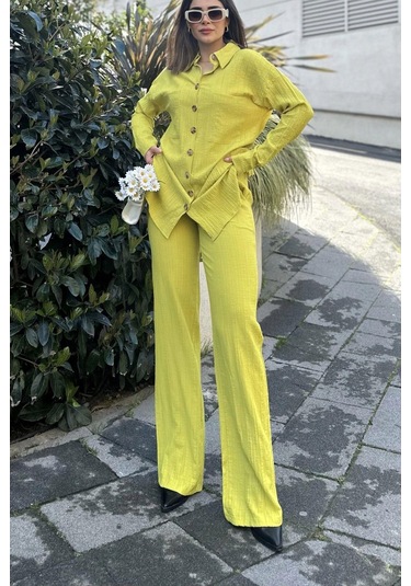 Kadın Yeşil Gofre Kumaş, Çift Cepli Gömlek & Bol Paça Pantolon - Salaş Alt & Üst Takım Yağ Yeşili