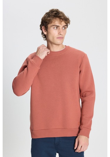AC&Co / Altınyıldız Classics Erkek Acık Kahve Standart Fit Normal Kesim İçi Polarlı Bisiklet Yaka Sweatshirt Açık Kahverengi