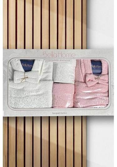 Platin Jakarlı 10 Parça Aile Bornoz Takımı Krem Pudra Çok Renkli