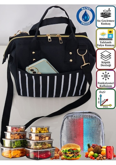 Anne Bebek Askılı Taşıma Çantası Isı Yalıtımlı Termal Yemek, Mama, Beslenme, Gıda Çantası Altın - Siyah