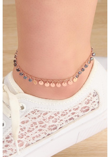 Gümüş Rose Mistik Topaz Taşlı Yuvarlak Pullu Halhal Rose