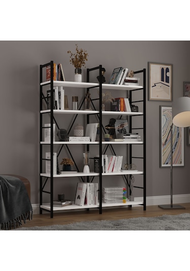6 Raflı Metal Kitaplık İki Modül-metalk02-beyaz