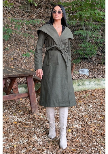 Haki Kruvaze Yaka, Kapüşonlu, Çift Cepli, Beli Kemerli, Uzun Kaşe Kaban Astarsız Haki