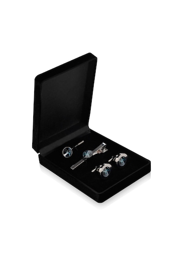 Zekupp Kol Düğmesi Kravat İğne Seti -  Gece Mavisi