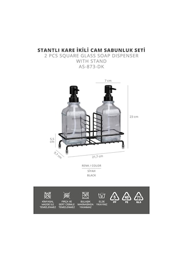 Okyanus Home Siyah Pompalı Ve Standlı İkili Kare Cam Sıvı Sabunluk 500ml