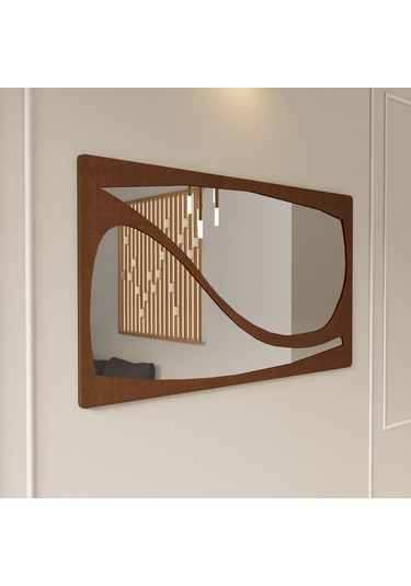 Minimal Ayna Pleksili Ahşap Duvar Dekoru Kahverengi