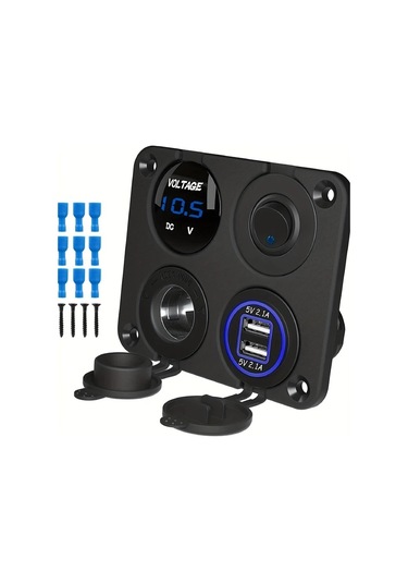 Boatshop1 Mavi 1 Adet 4lü 12v Cift Usb Sarj Cihazi Led Voltmetre Vida Ve Dubel İle Kolay Montaj Karavan Araba Tekne Icin