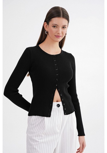 6931 Kadın Düğmeli Fitilli Triko Hırka Siyah Siyah