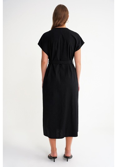 4721 Kadın V Yaka Düğme Detaylı Keten Elbise Siyah Siyah