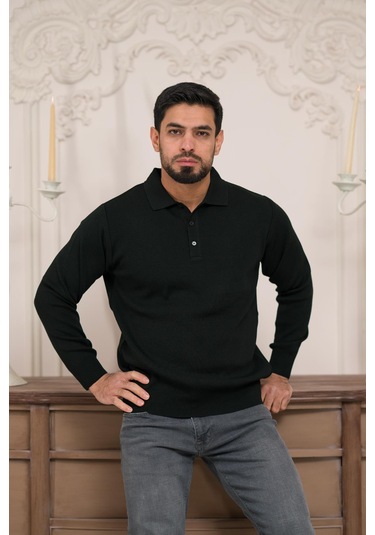 Woolen World Polo Yaka Düz Renk Yünlü Erkek Triko Kazak Siyah