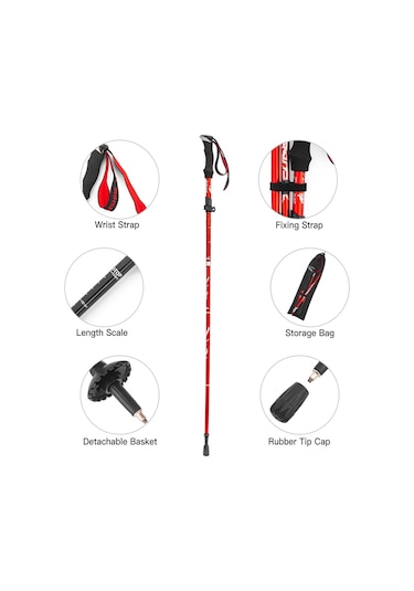 Maiyame Alüminyum Trekking Çubuğu 5 Bölümlü 36cm Daraltılabilir 265g Kısa Ultra Hafif Dağ Yürüyüşü, Kırmızı Uzun Tip Tek Adet Çok Renkli