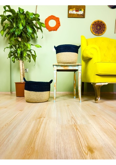 Bitki Tasarımı Düzenleyici Kulplu Üstü Siyah Şeritli Doğal Örgü Sepet İkili Set Büyük-orta