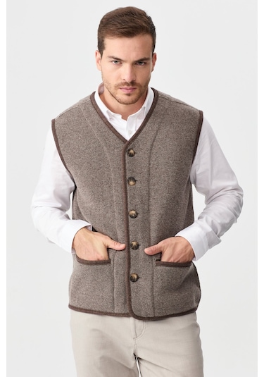 Erkek V Yaka Keçe Aksesuarlı Pike Dokuma Yün Yelek Vizon Vizon