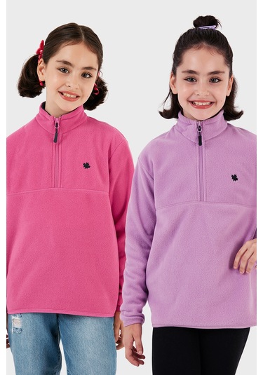 Lela Yumuşak Dokulu Fermuarlı Dik Yaka Şardonlu 2'Li Paket Çocuk Polar 5905002S2 Fuşya-Lila
