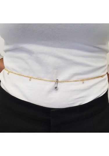 Chavin Zincirli Bele Bağlamalı Taşlı Çelik Göbek Piercing En43Sr