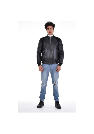 Hakiki Deri Siyah Erkek Deri Mont Kollar Ve Belden Lastikli Çift Fermuarlı Yandan Cepli Deri Ceket Siyah