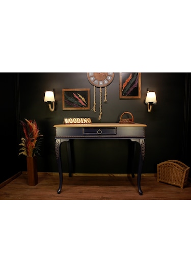 Wooding 120 Cm Masif Naturel Lacivert Oymalı Çalışma Masası