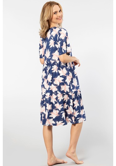 Türen Yaprak Desenli Kısa Kollu Elbise 3354/lacivert Çok Renkli