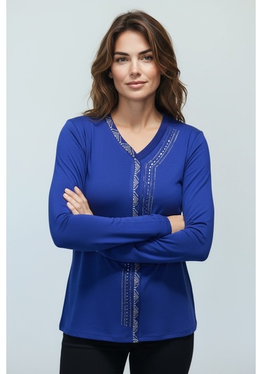 Kadın Önü Kapalı Düğme Detaylı Taşlı Nergis Mevsimlik Bluz Mavi