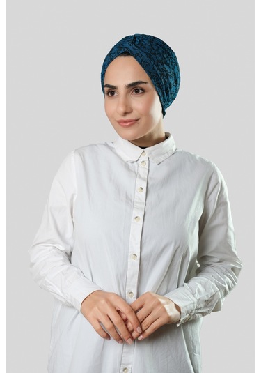 Petrol Mavisi Pratik Hazır Geçmeli Tesettür Bone Jakar Kendinden Desenli 1209 17 Petrol Mavisi