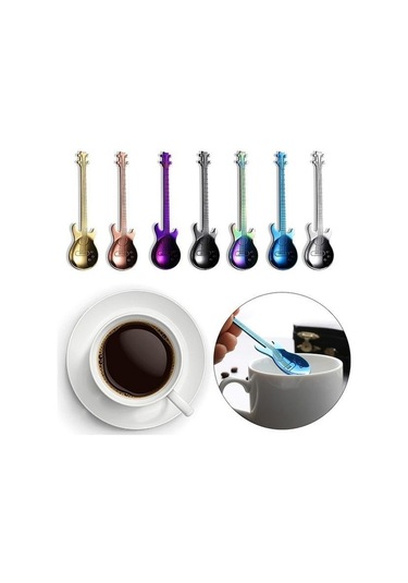 Çok Renkli 1 Adet Paslanmaz Çelik Gitar Kaşık Gökkuşağı Kahve Ve Çay Kaşığı Sofra Takımı İçme Araçları