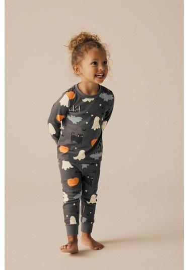 Kız Çocuk Yeni Sezon Penye Bal Kabağı Kedi Gece Temalı Paça Lastikli Pijama Takımı Bal Kabağı Çok Renkli