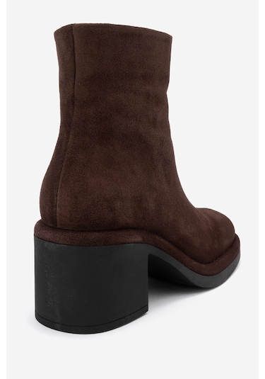 Junae Kahverengi Süet Hakiki Deri Kadın Kalın Topuklu Bot Kahverengi