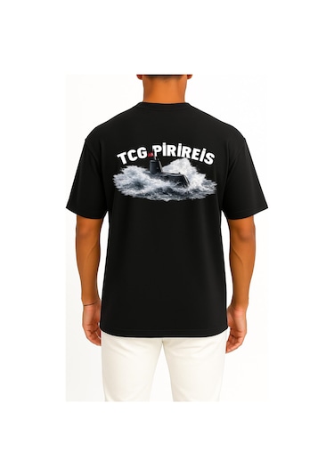 Bahriyeli Collection Oversize Tcg Pirireis Dalgalar Arası Cep Ve Sırt Baskılı Unisex T-shirt Siyah